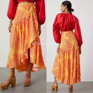 ANTHROPOLOGIE Hutch Leaf Printed Ruffle High Low Wrap Maxi Skirt Orange M NWT